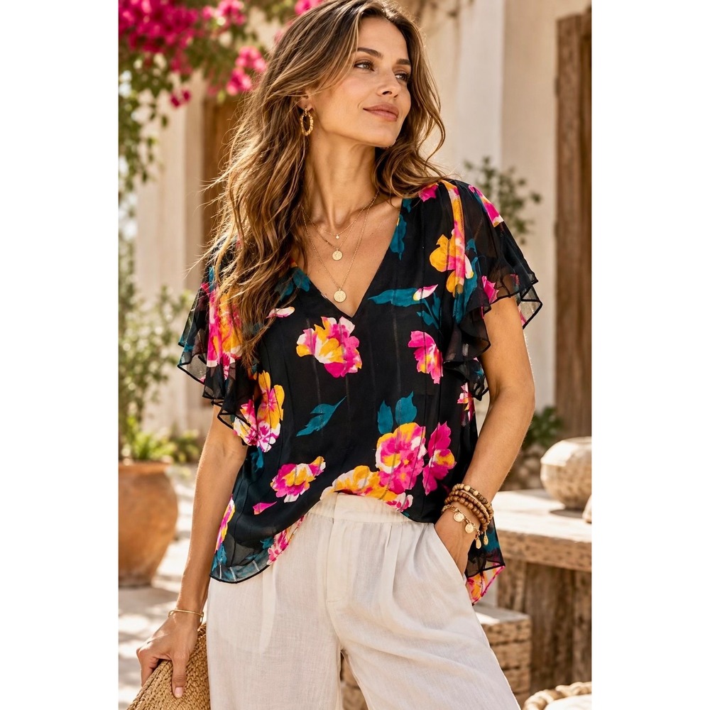 Joie Magin 100% Silk Floral Blouse Womens M Black Pink Flutter Sleeve V Neck